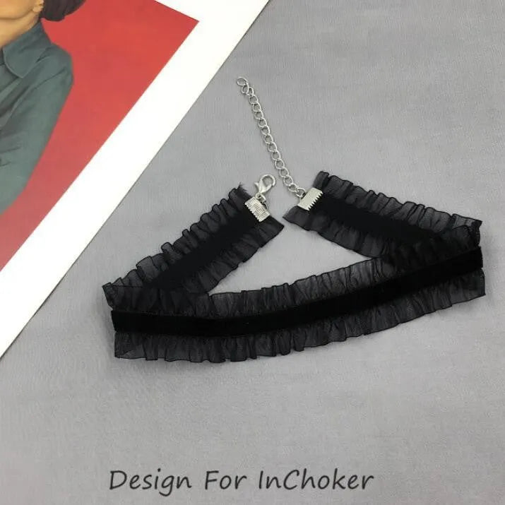 Velvet ruffled flower pendant necklace on snake bone chain in three colour options