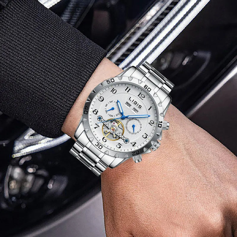 Men's silver steel automatic perpetual calendar watch with business design