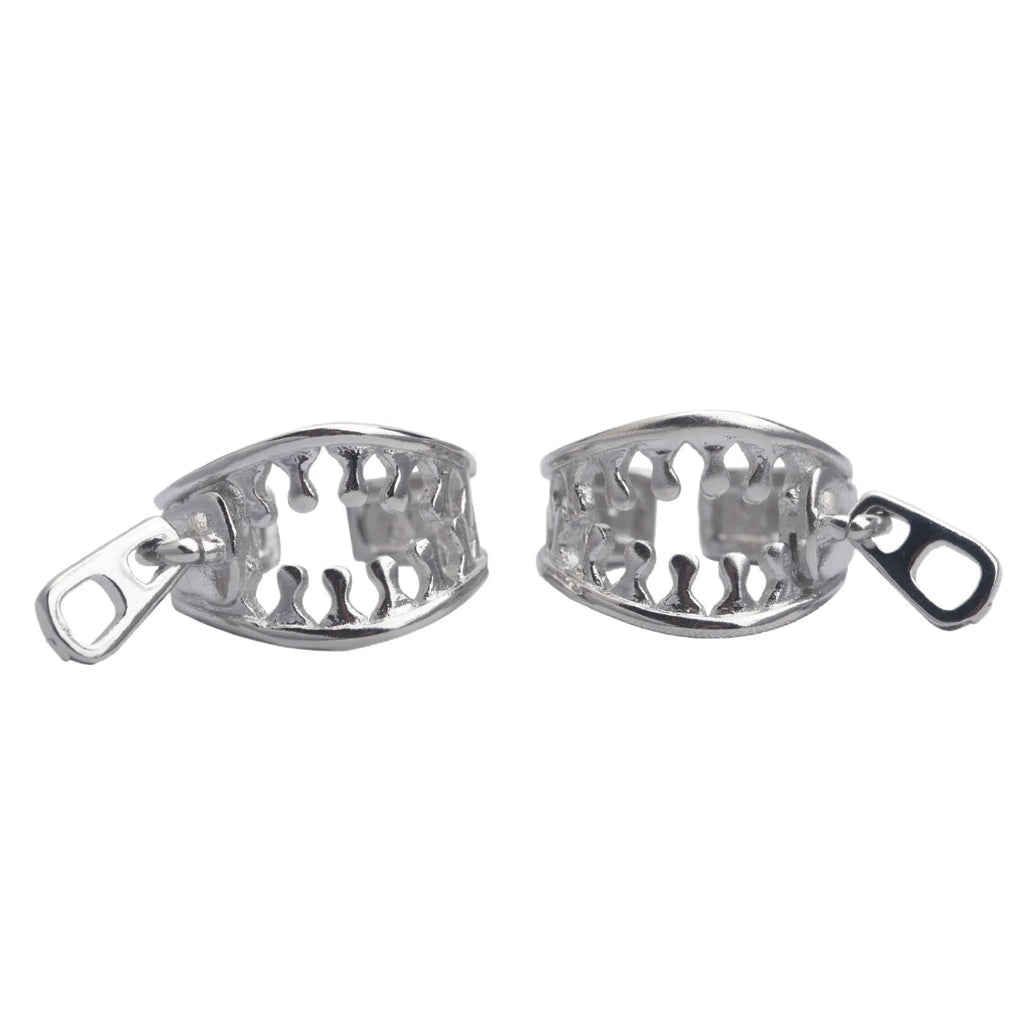A pair of silver-tone geometric openwork clip-on earrings with a zipper design detail.