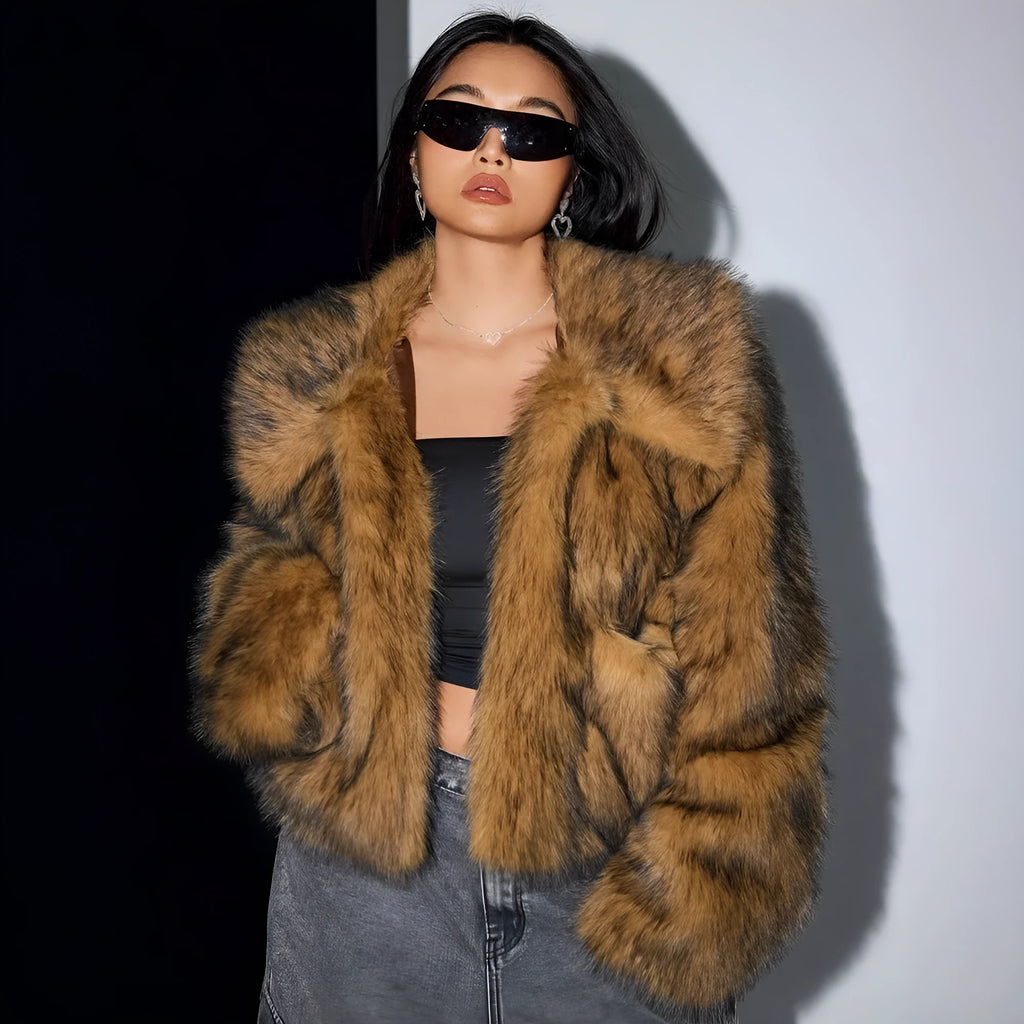 Women's artificial fur coat with fur collar in various colour options including black tip patterns