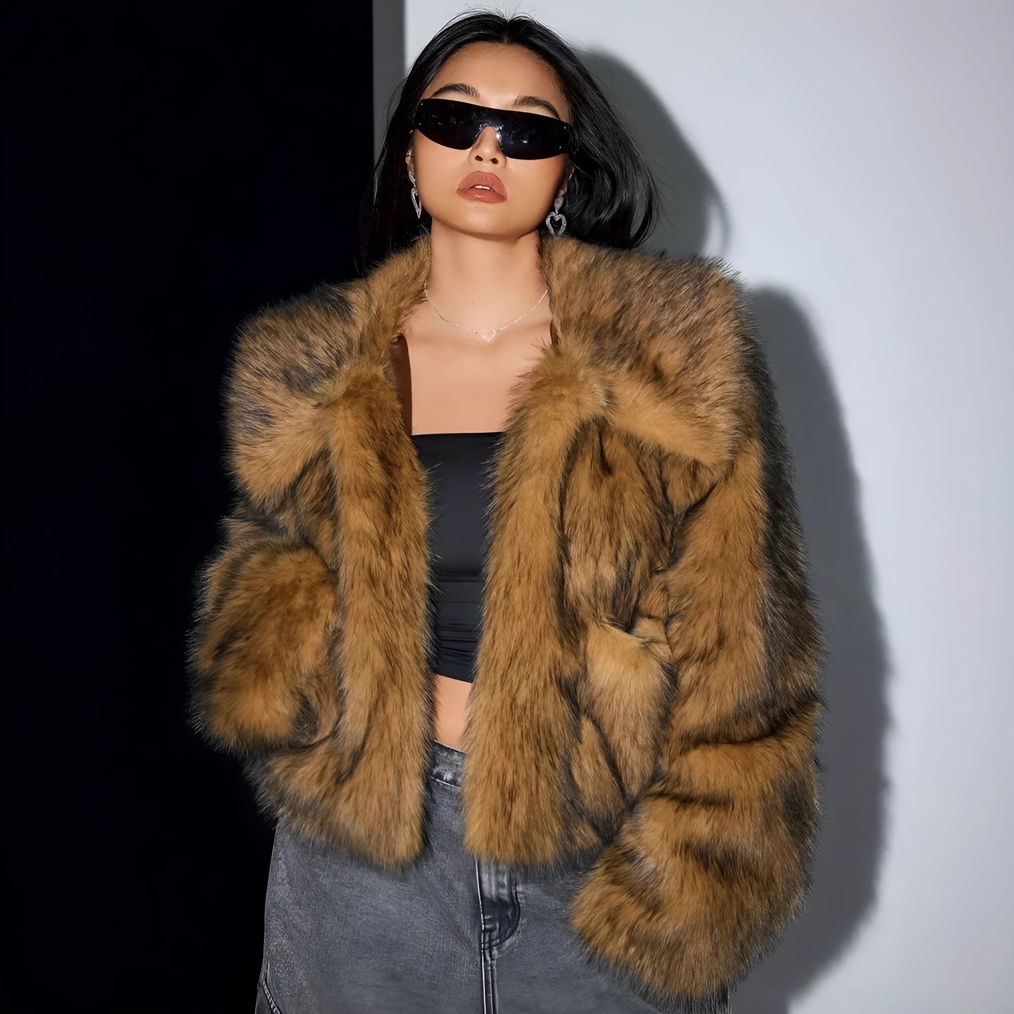 Women's artificial fur coat with fur collar in various colour options including black tip patterns