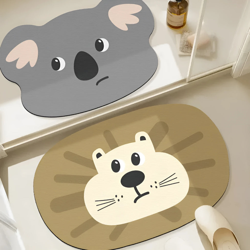 Cute animal cartoon design diatom oil absorbent non-slip bathroom mat on tiled floor.