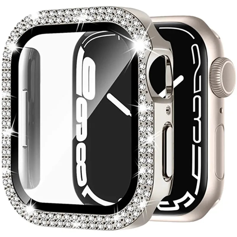 Apple Watch case with double diamond glass privacy screen in rose gold, silver, and black colour options