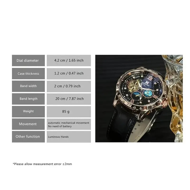 Black and rose gold automatic mechanical watch with hollow dial showing movement