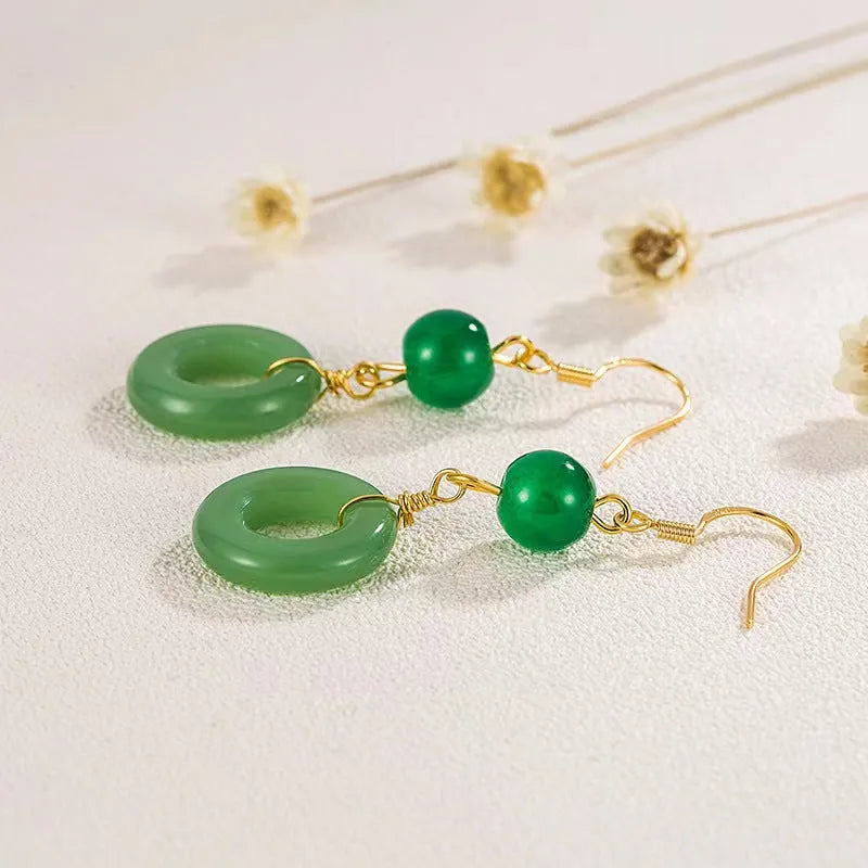 Green Chinese style peace buckle shape earrings with geometric ring design