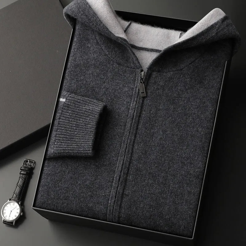 Men's dark blue cashmere cardigan with half-high collar and zip front in loose fit