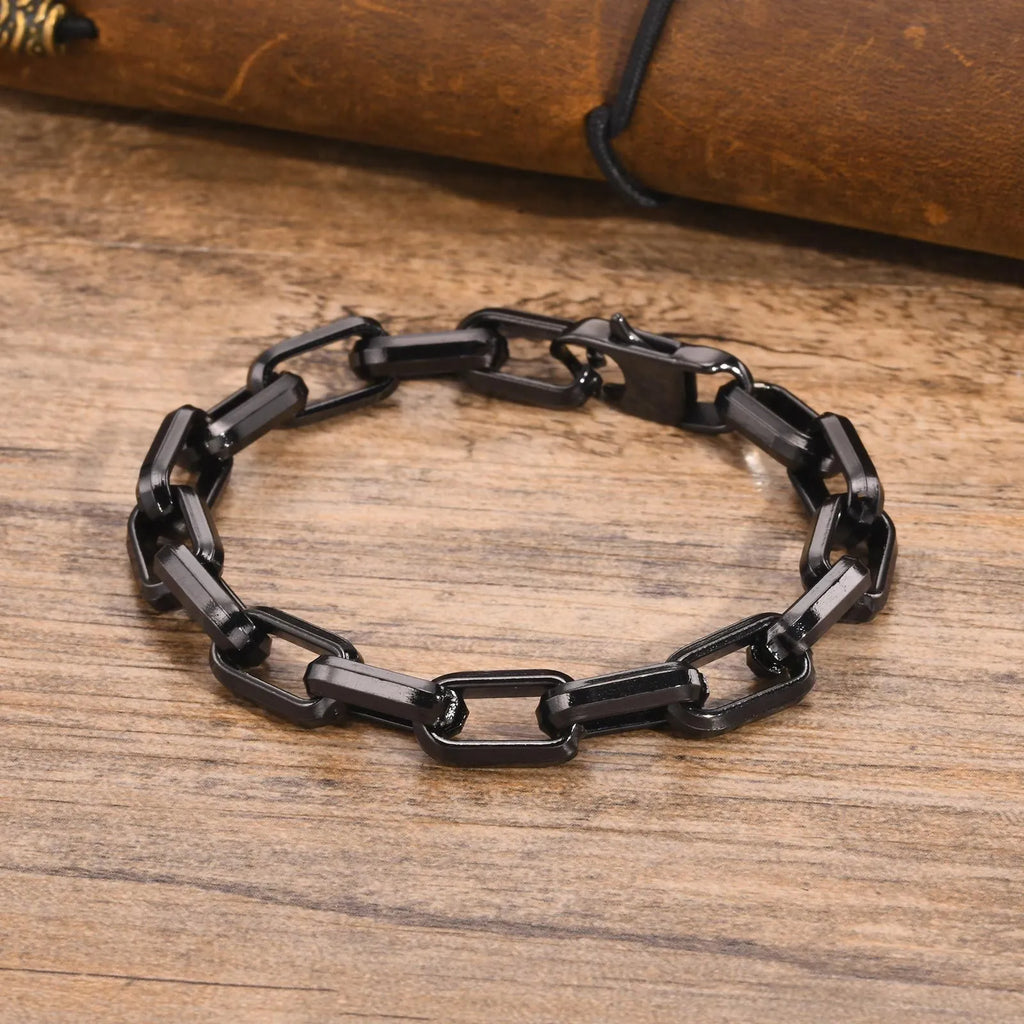 Men's simple square link titanium steel bracelet in steel, gold, black, or retro colour finish.