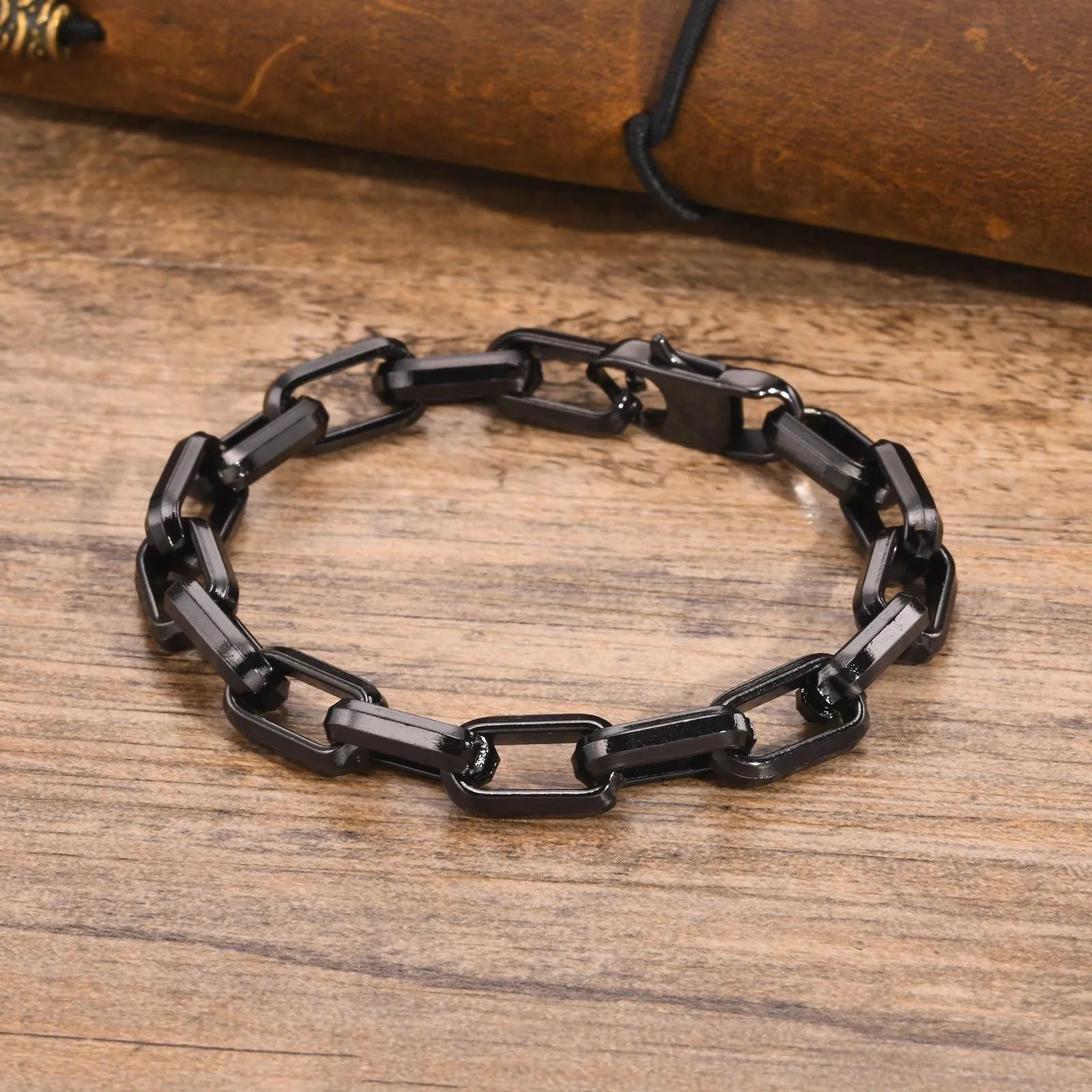 Men's simple square link titanium steel bracelet in steel, gold, black, or retro colour finish.