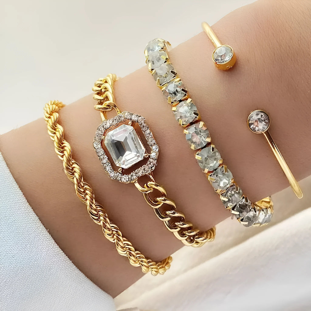 Retro geometric alloy jewellery four-piece set with square diamond design in gold and silver tone options