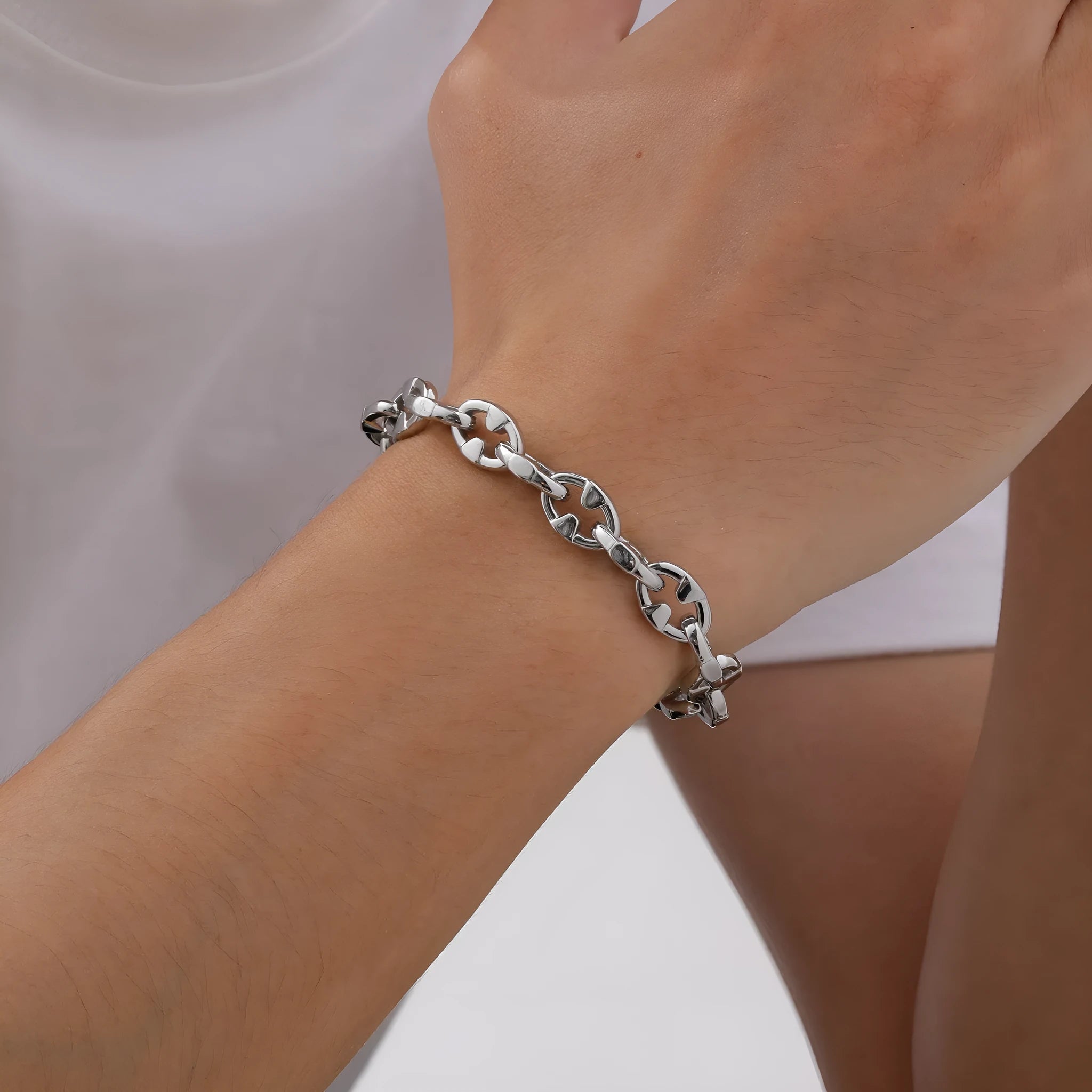 Handmade thick geometric chain link bracelet in stainless steel, shown in steel colour.