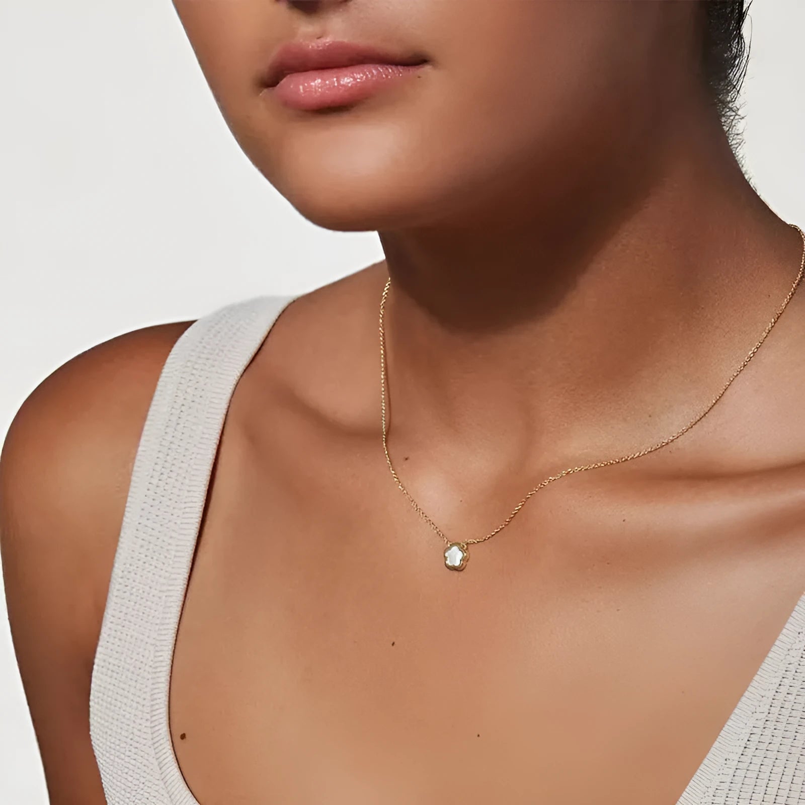 White mother shell flower necklace with floral pendant on silver or gold plated chain