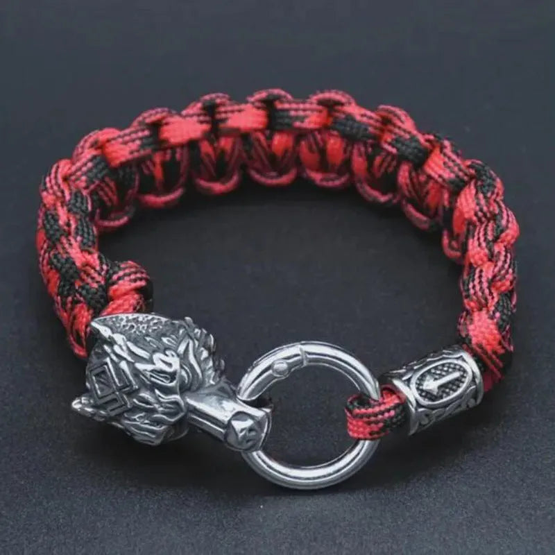 Handmade stainless steel wolf head bracelet with Luen character detailing in camouflage colour