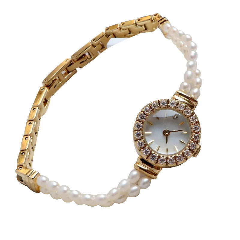 Women's light gold bracelet watch with freshwater pearls, round 18mm dial, stainless steel strap