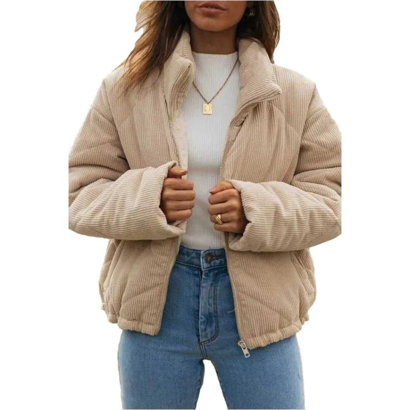 Women's apricot corduroy wadded jacket with stand collar and front zip closure
