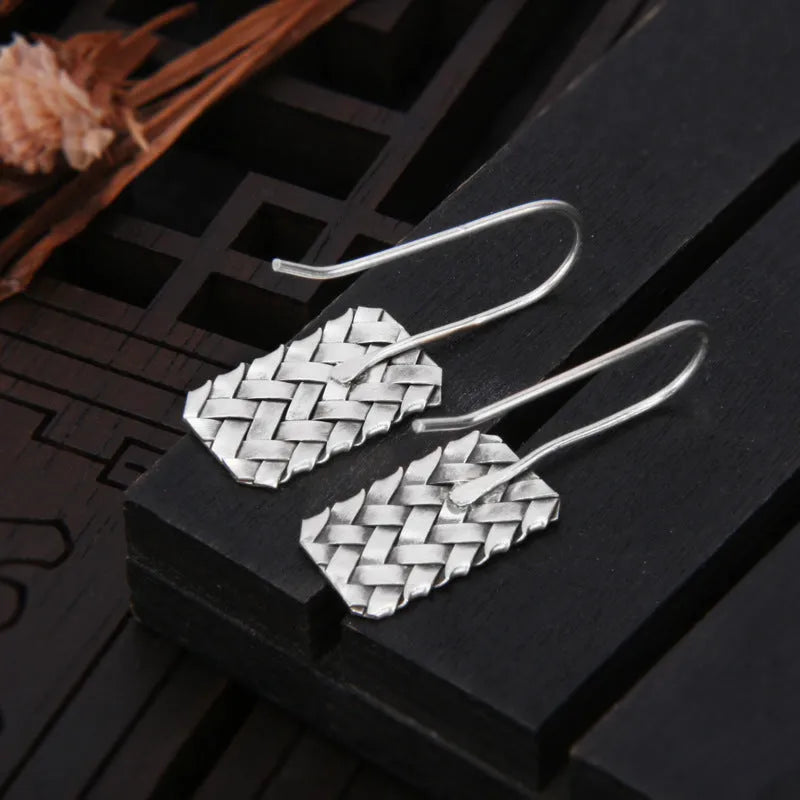 Silver geometric diamond plaid woven 925 sterling silver drop earrings for women