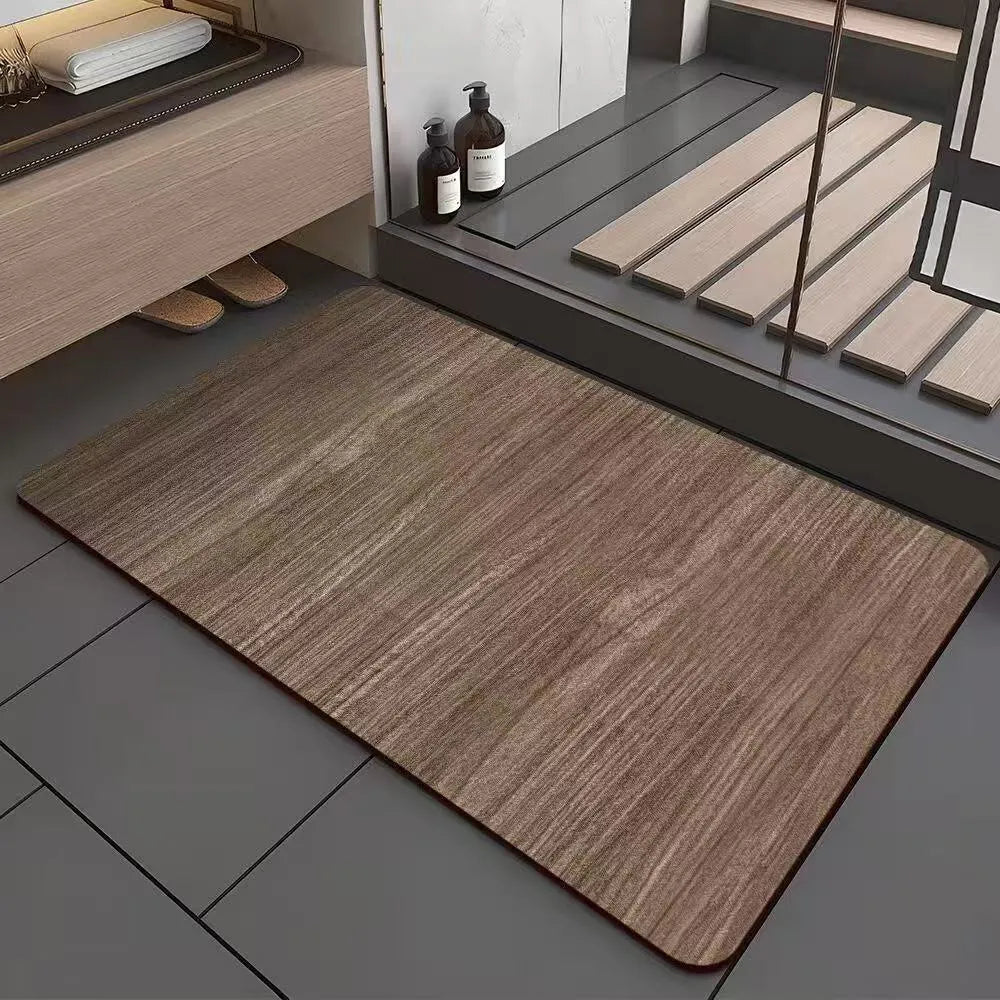 Square diatomite bathroom floor mat with wood grain pattern on bathroom tiles