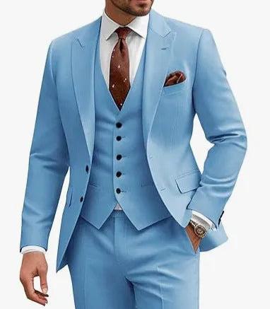 Men's slim fit three-piece suit in a chemical fibre blend, shown in multiple colour options.