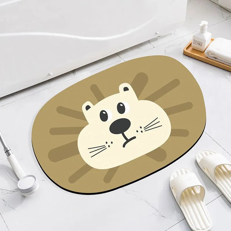 Cute animal cartoon design diatom oil absorbent non-slip bathroom mat on tiled floor.