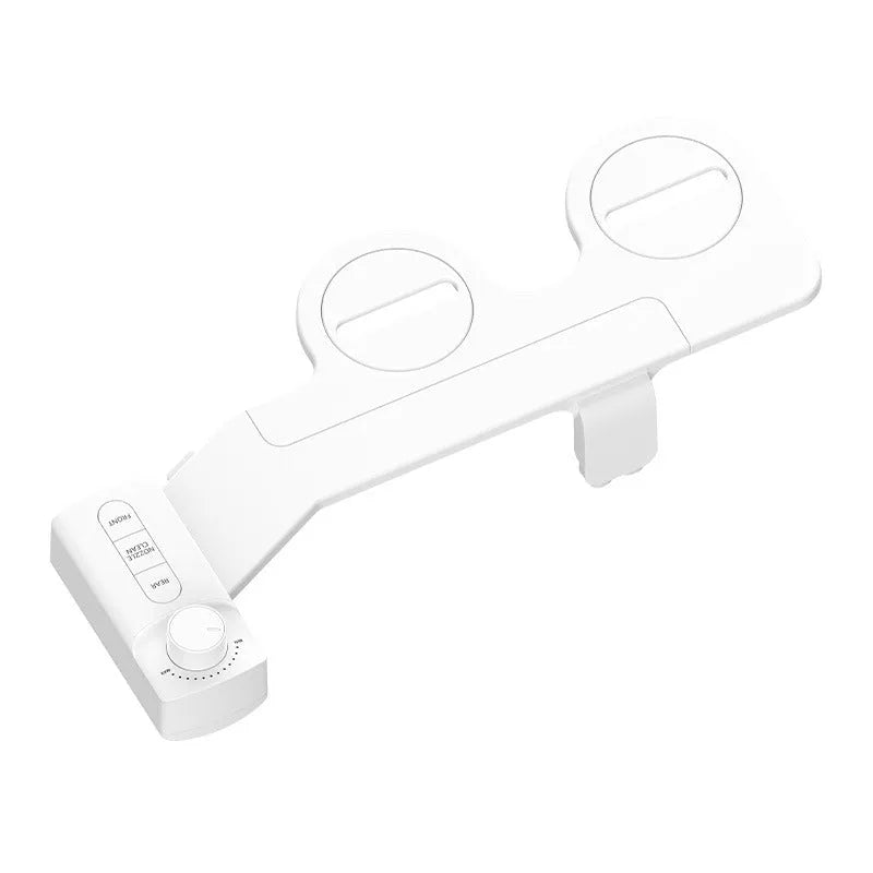 Button-operated manual drain cleaning tool with removable nozzle in pure white, compatible with international pipe standards