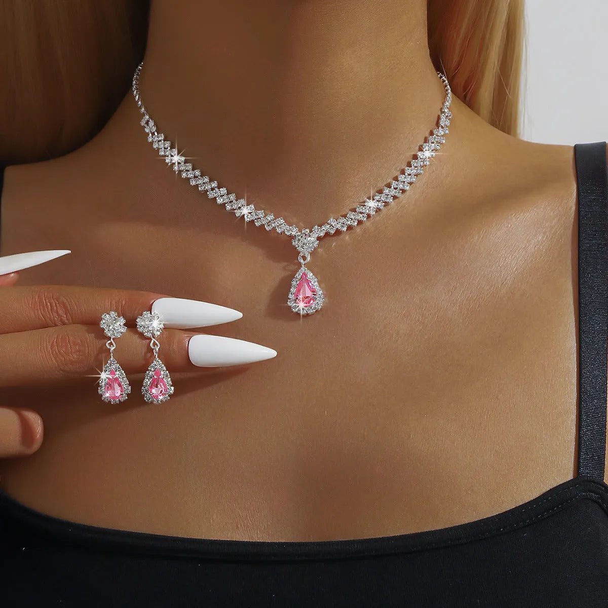 Claw chain necklace and earrings set with water drop rhinestone pendants in multiple colour options