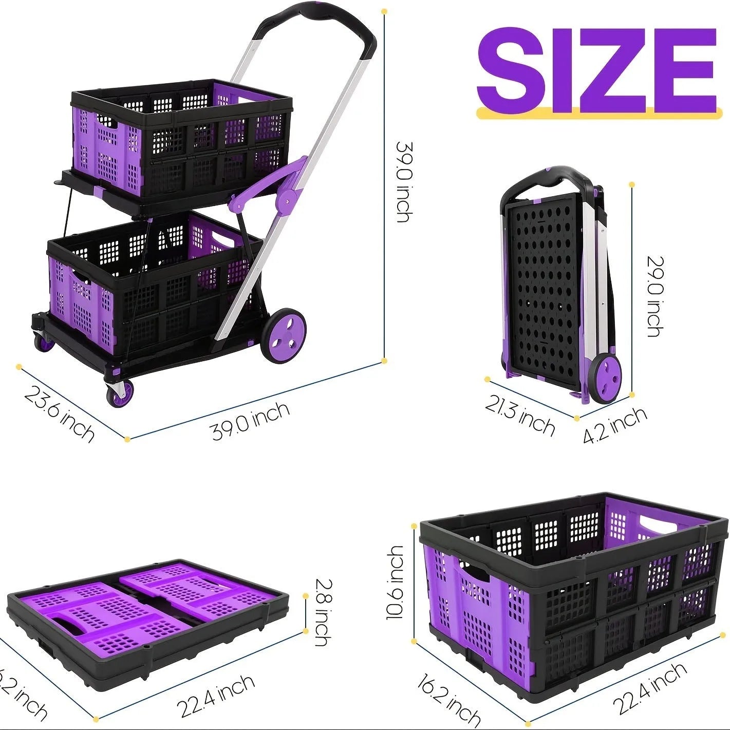 Foldable plastic shopping cart with two-basket design in blue colour variant