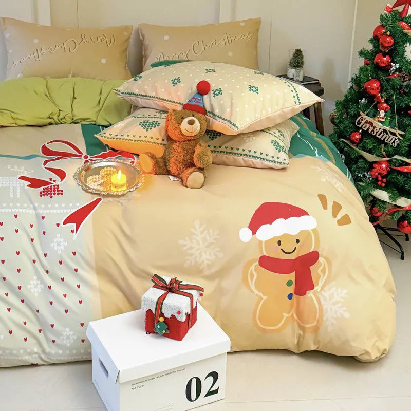 Christmas cartoon printed bedding set with sheet, quilt cover, and pillowcases in super soft washed cotton