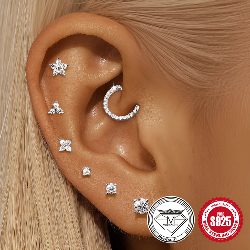 Platinum-plated sterling silver stud earrings with geometric petal diamond debris designs in eight style variations