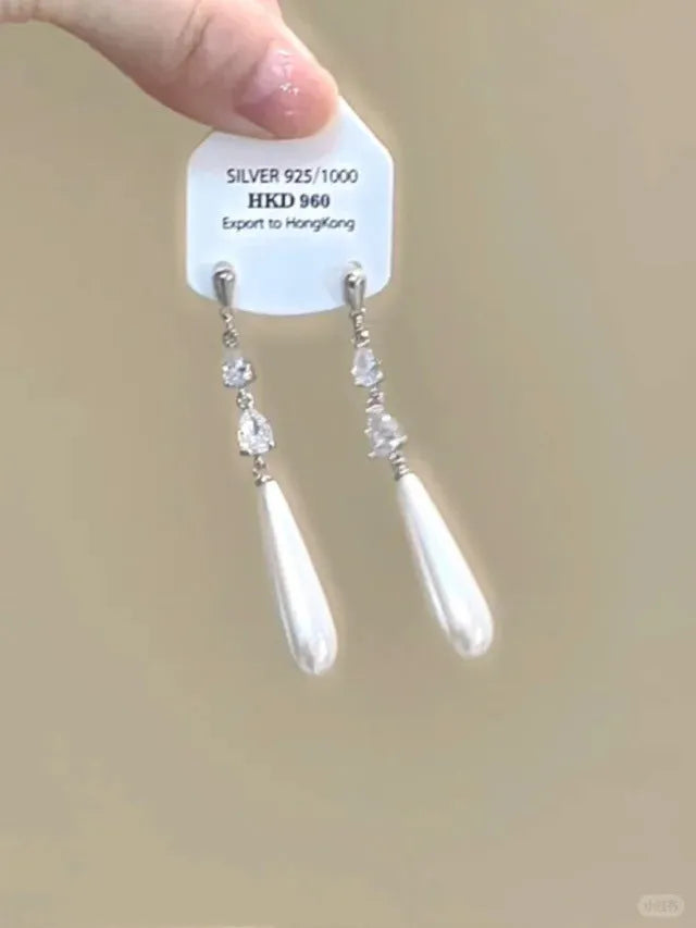 Geometric heart-shaped women's earrings with rhinestones and dangling tassels in silver-toned electroplated alloy