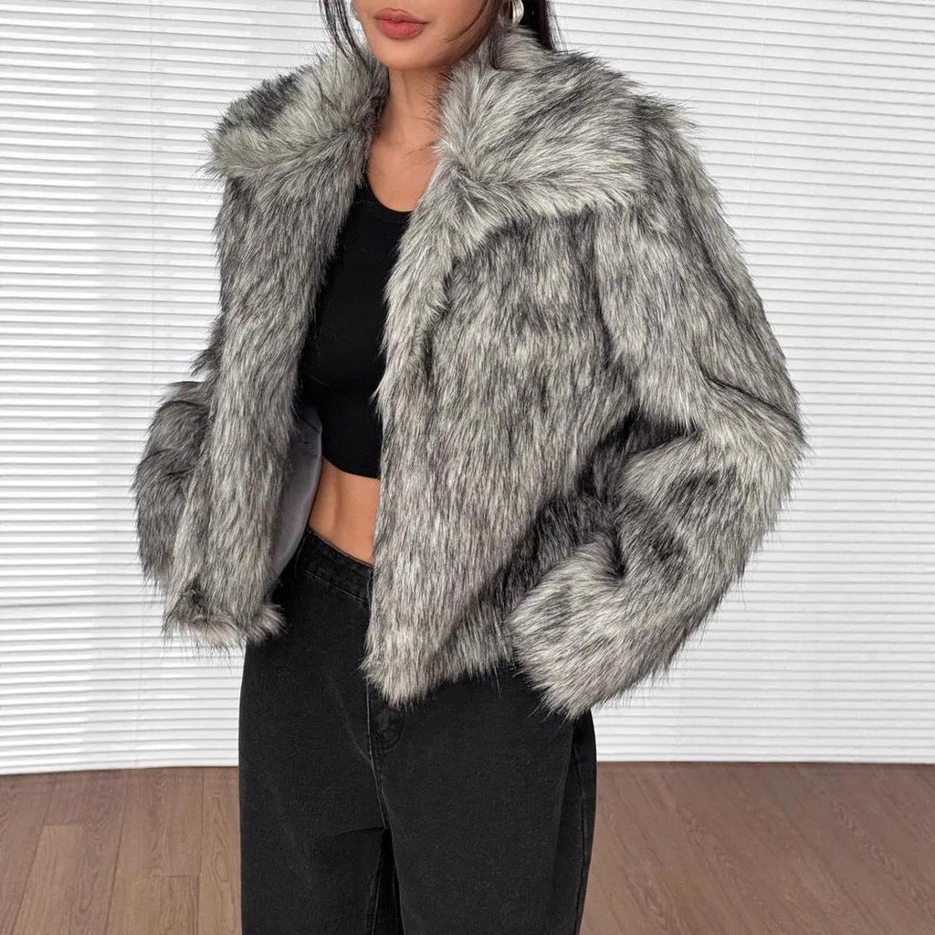 Women's artificial fur coat with fur collar in various colour options including black tip patterns
