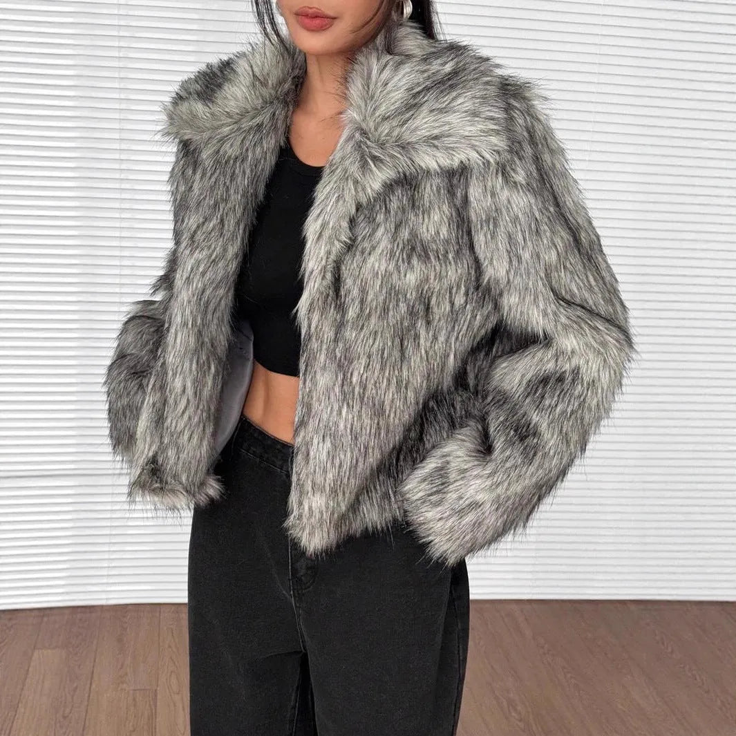 Women's artificial fur coat with fur collar in various colour options including black tip patterns
