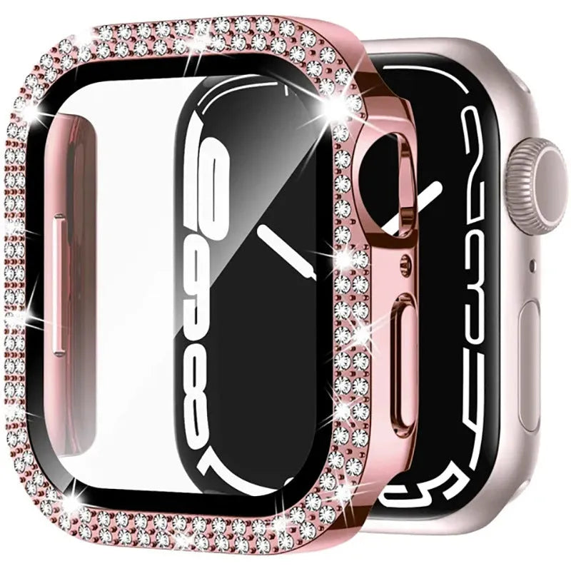 Apple Watch case with double diamond glass privacy screen in rose gold, silver, and black colour options