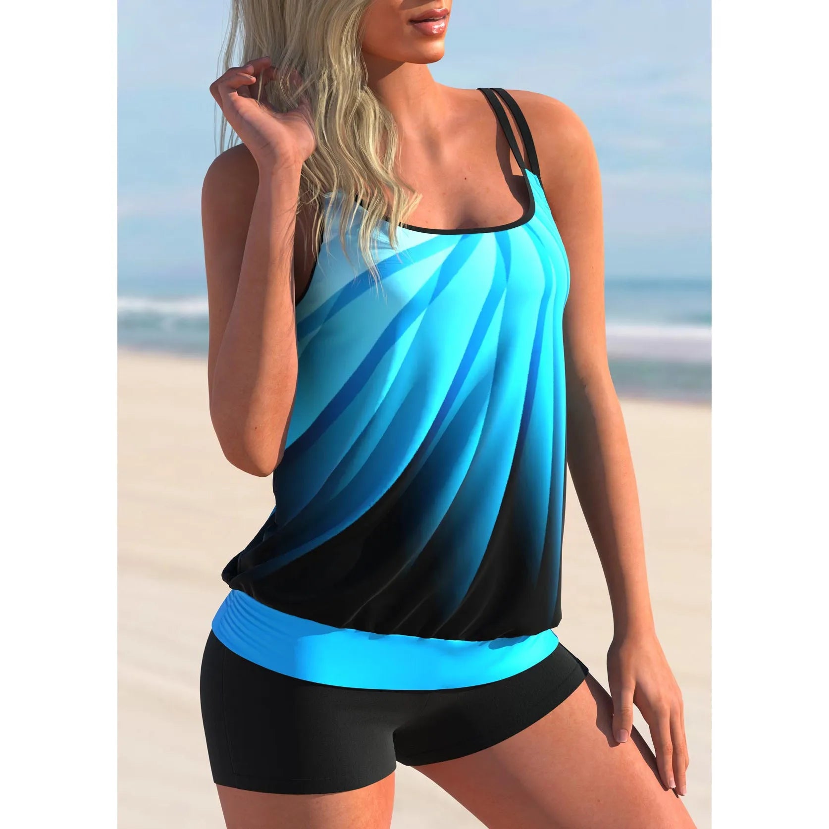 Women's printed swimsuit strap and beach shorts set in butterfly pattern, conservative plus size swimwear