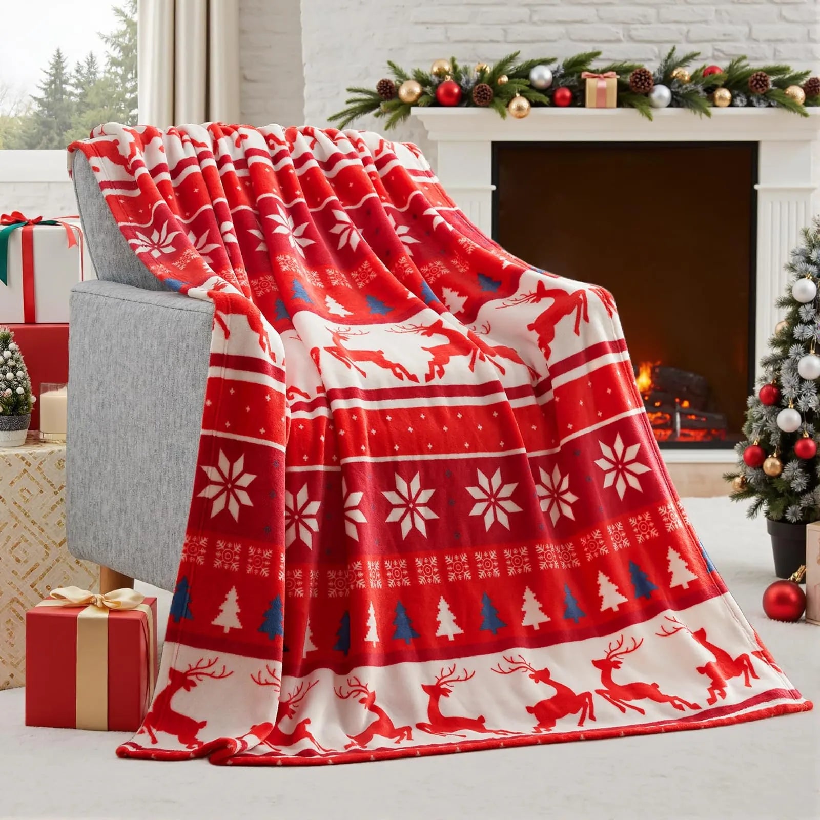 Soft flannel Christmas blanket in a solid colour, shown folded to display its plush texture and American style.