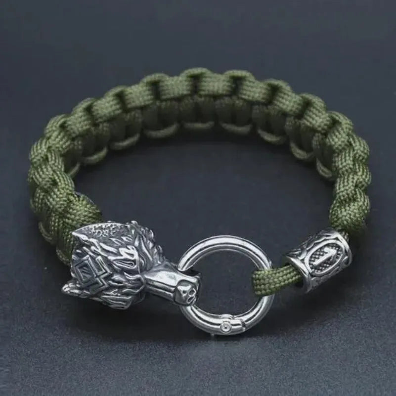 Handmade stainless steel wolf head bracelet with Luen character detailing in camouflage colour