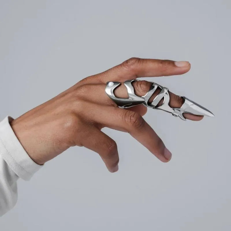 Silver punk armour finger stall ring in alloy metal with standard size