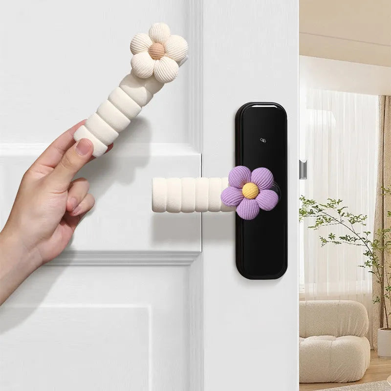 Flower pattern soft PEVA door handle protective cover on a round door knob.