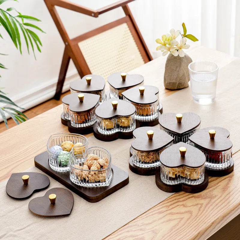 Retro glass serving platter with heart-shaped lids in 2, 3, 4, and 5 grid configurations for snacks.