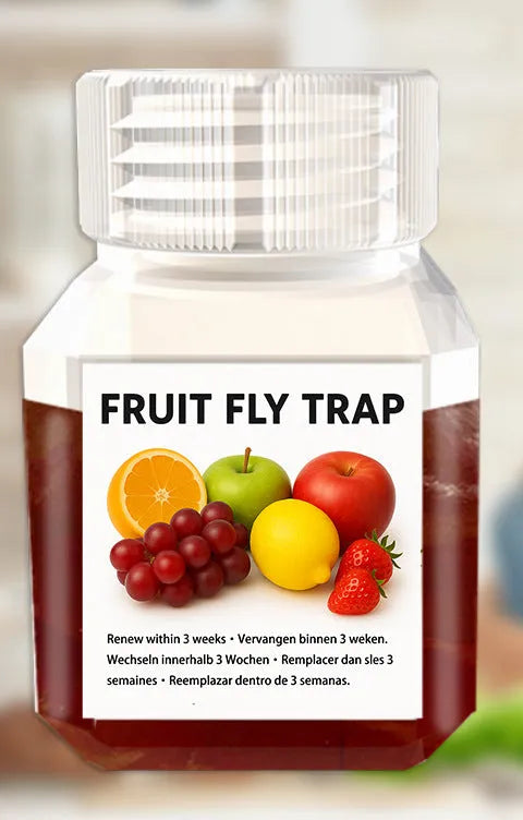 Bottle of fruit fly trapper bait liquid with specification options for trap systems.