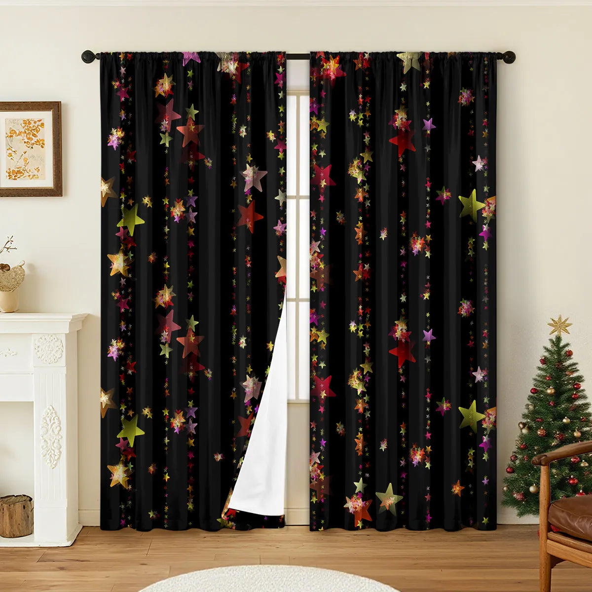 Pair of 3D digitally printed Christmas pattern blackout curtains hanging on a window.