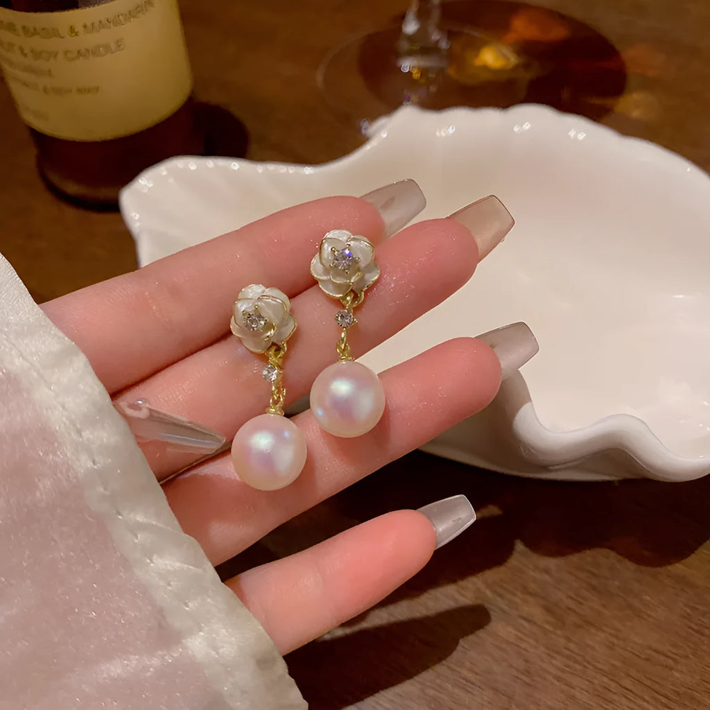 Camellia flower stud earrings for women with pearl-effect finish and alloy construction