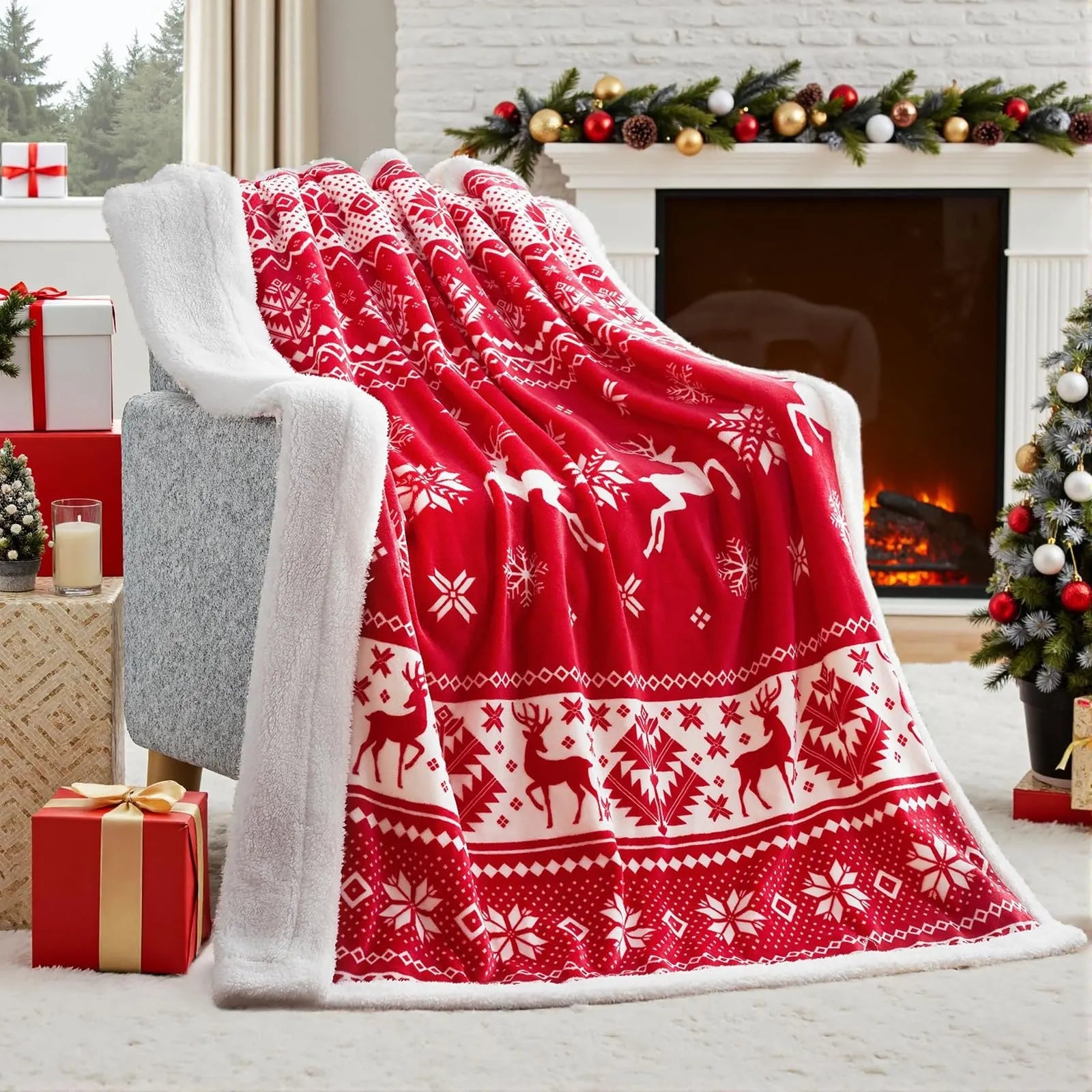 Soft flannel Christmas blanket in a solid colour, shown folded to display its plush texture and American style.