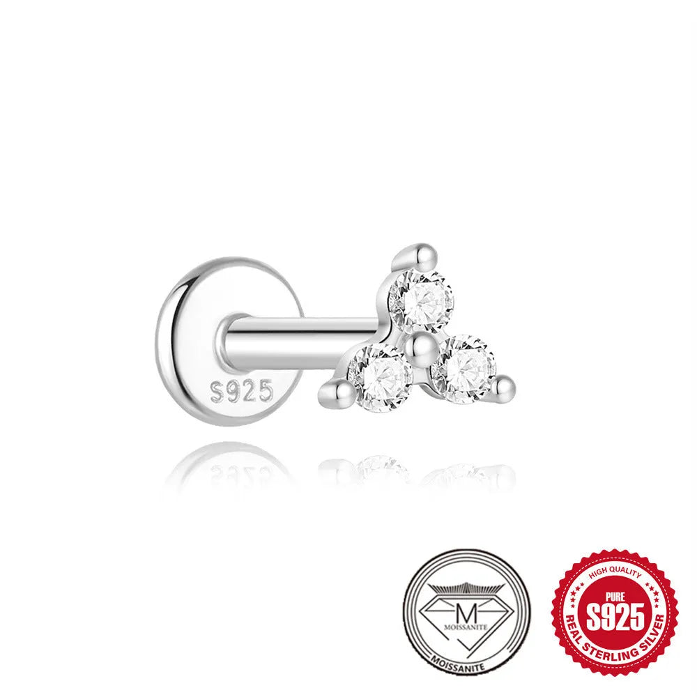 Platinum-plated sterling silver stud earrings with geometric petal diamond debris designs in eight style variations