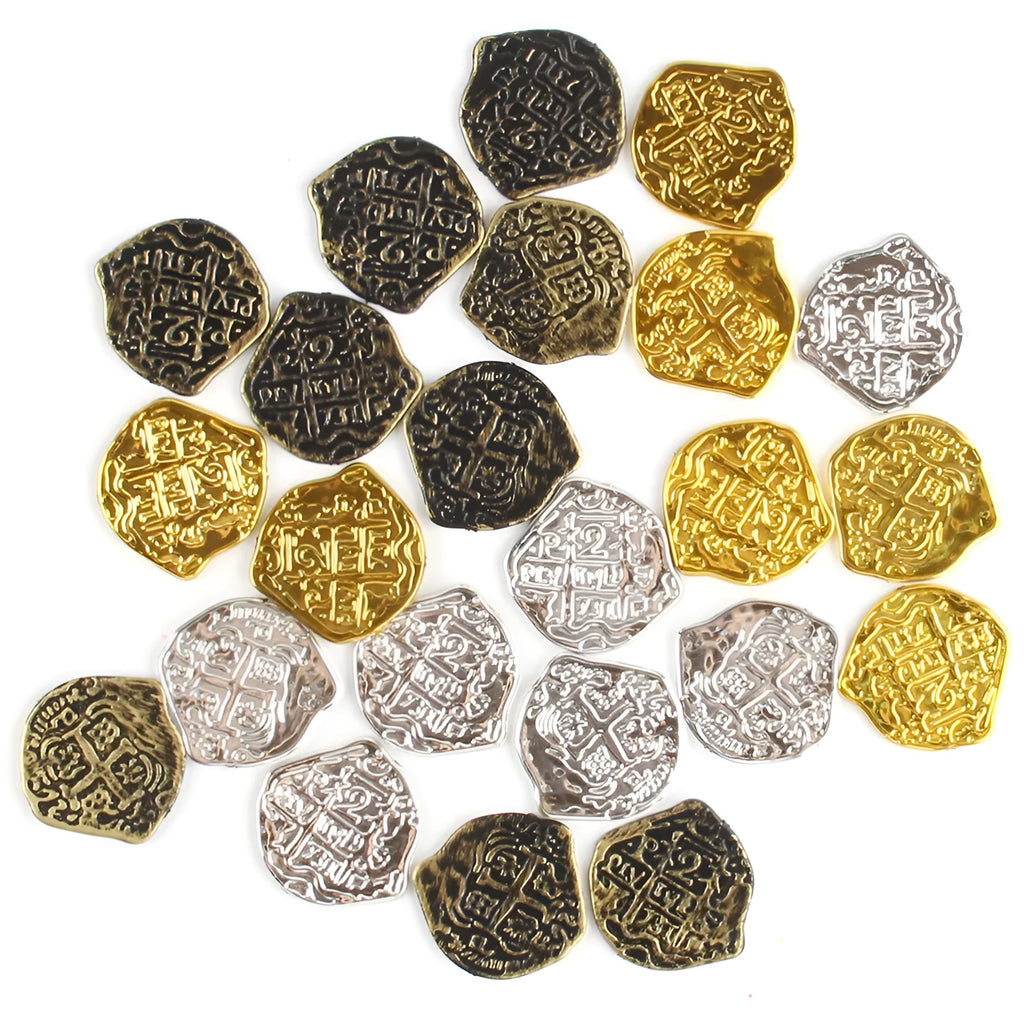 Doli set of 100 plastic Roman pirate coins with gold, silver, or bronze electroplated finish