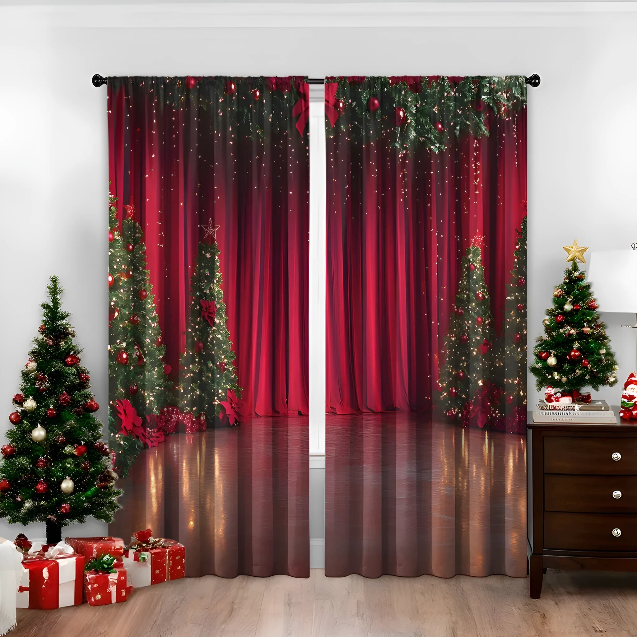Pair of 3D digitally printed Christmas pattern blackout curtains hanging on a window.