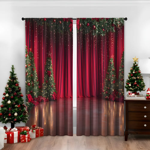 Pair of 3D digitally printed Christmas pattern blackout curtains hanging on a window.