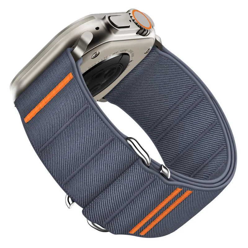 Elastic nylon Apple Watch compatible band with stainless steel buckle shown in multiple colour options