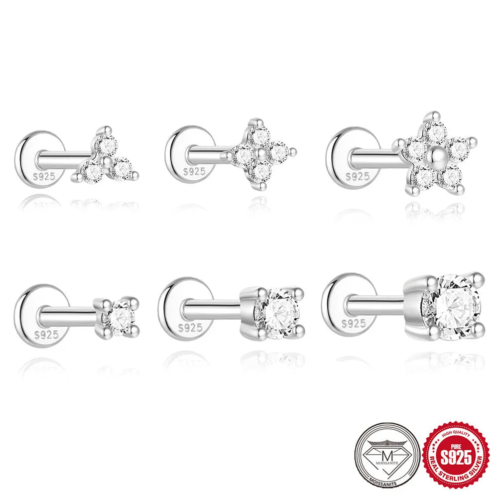Platinum-plated sterling silver stud earrings with geometric petal diamond debris designs in eight style variations