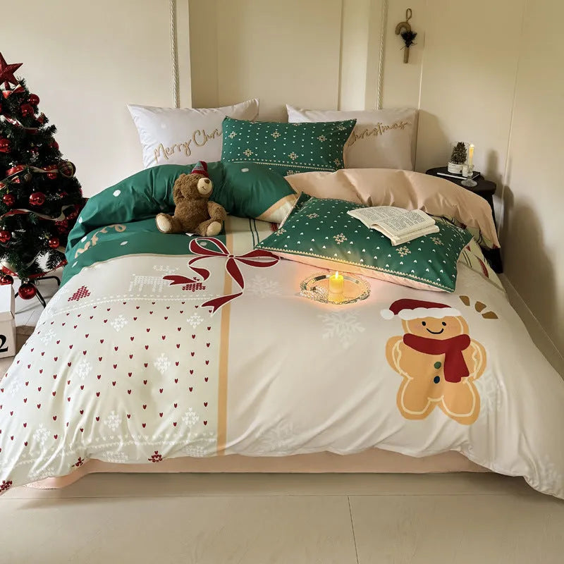 Christmas cartoon printed bedding set with sheet, quilt cover, and pillowcases in super soft washed cotton