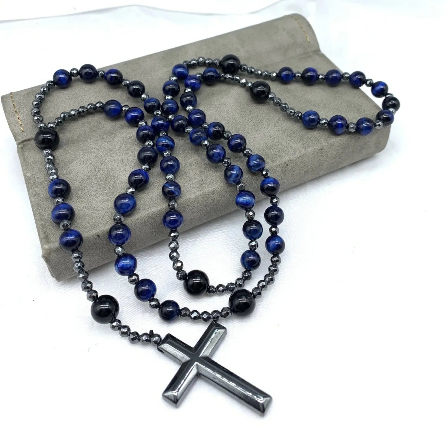 Men's stone geometric cross pendant necklace with bead chain and safety lock