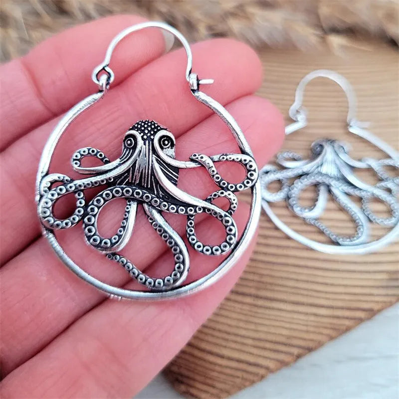 Octopus design earrings in antique silver finish with retro styling and zinc alloy construction